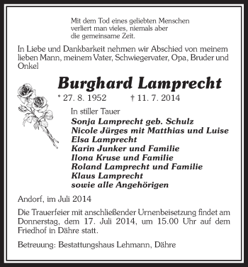 Traueranzeige von Burghard Lamprecht von Uelzen