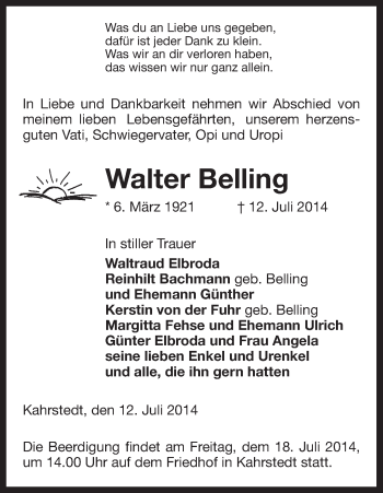 Traueranzeige von Walter Belling von Uelzen