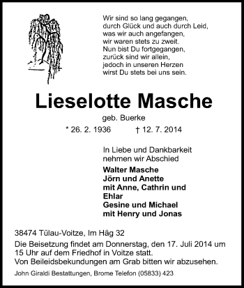 Traueranzeige von Lieselotte Masche von Uelzen