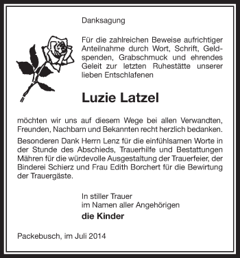 Traueranzeige von Luzie  Latzel von Uelzen