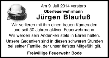 Traueranzeige von Jürgen Blaufuß von Uelzen