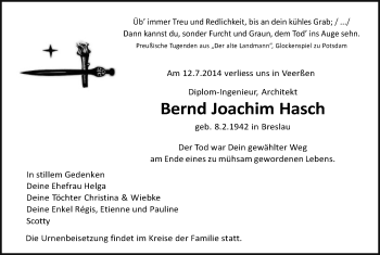 Traueranzeige von Bernd Joachim Hasch von Uelzen