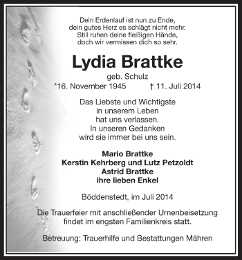 Traueranzeige von Lydia Brattke von Uelzen