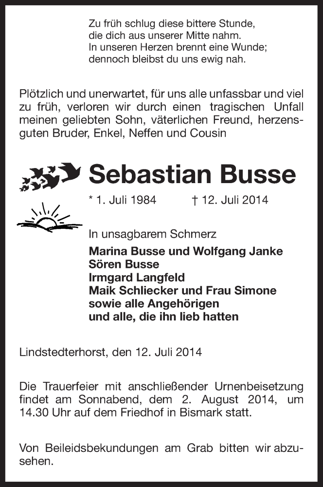  Traueranzeige für Sebastian Busse vom 17.07.2014 aus Allgemeine Zeitung Uelzen