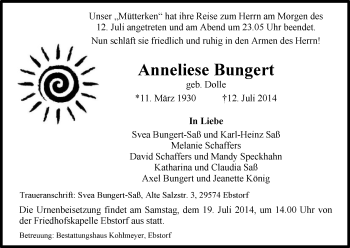 Traueranzeige von Anneliese Bungert von Uelzen