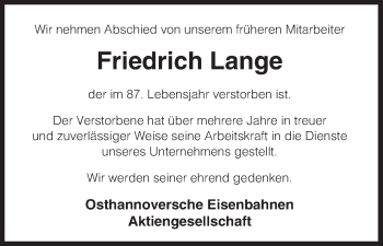 Traueranzeige von Friedrich Lange von Uelzen