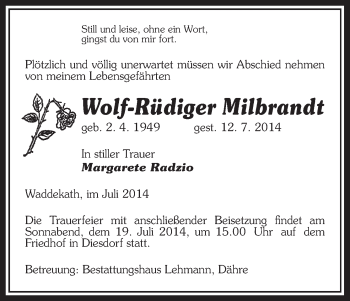 Traueranzeige von Wolf-Rüdiger Milbrandt von Uelzen