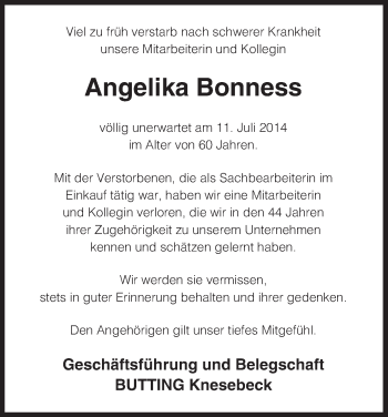 Traueranzeige von Angelika Bonness von Uelzen