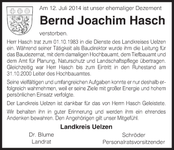 Traueranzeige von Bernd Joachim Hasch von Uelzen