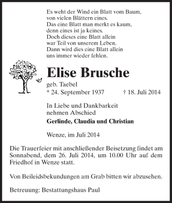 Traueranzeige von Elise Brusche von Uelzen