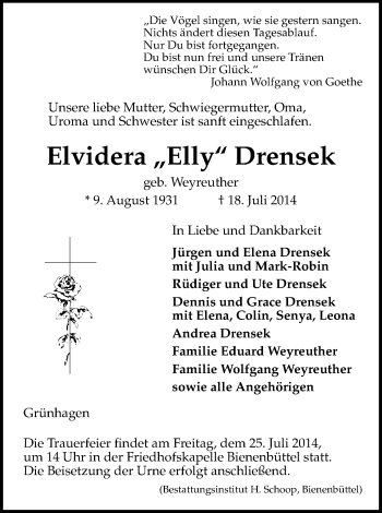 Traueranzeige von Elvidera Drensek von Uelzen