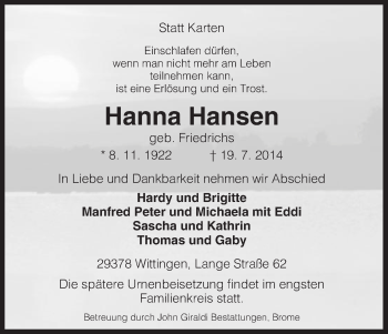 Traueranzeige von Hanna Hansen von Uelzen