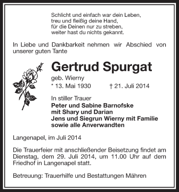 Traueranzeige von Gertrud Spurgat von Uelzen