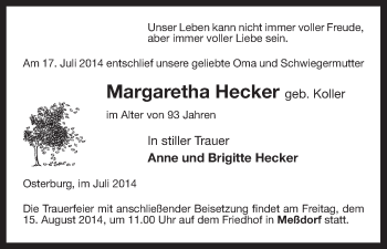 Traueranzeige von Margaretha Hecker von Uelzen