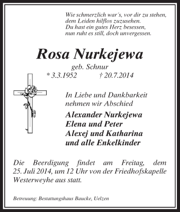 Traueranzeige von Rosa Nurkejewa von Uelzen