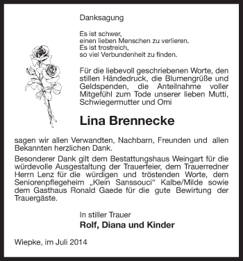 Traueranzeige von Lina Brennecke von Uelzen