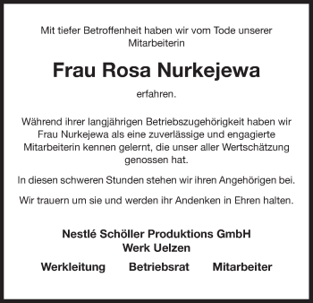 Traueranzeige von Rosa Nurkejewa von Uelzen