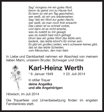 Traueranzeige von Karl-Heinz Werth von Uelzen