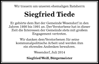 Traueranzeige von Siegfried Tiede von Uelzen