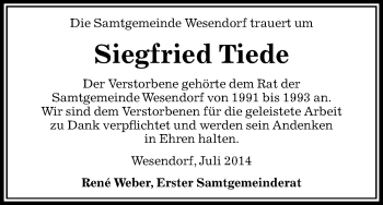 Traueranzeige von Siegfried Tiede von Uelzen