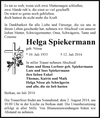 Traueranzeige von Helga Spiekermann von Uelzen