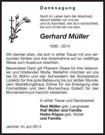 Traueranzeige von Gerhard Müller von Uelzen