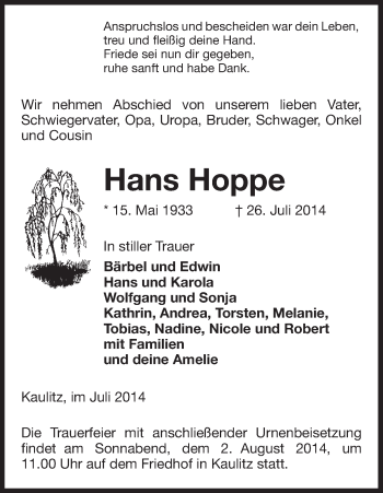 Traueranzeige von Hans Hoppe von Uelzen