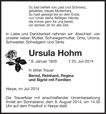 Traueranzeige von Ursula Hohm von Uelzen