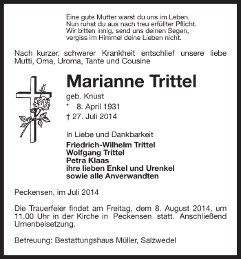 Traueranzeige von Marianne Trittel von Uelzen