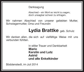 Traueranzeige von Lydia Brattke von Uelzen