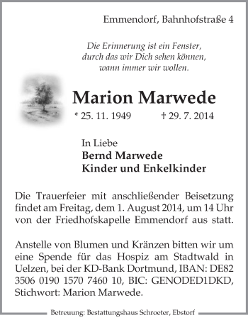 Traueranzeige von Marion Marwede von Uelzen