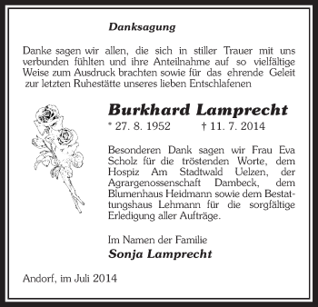 Traueranzeige von Burkhard Lamprecht von Uelzen