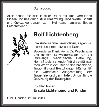 Traueranzeige von Rolf Lichtenberg von Uelzen