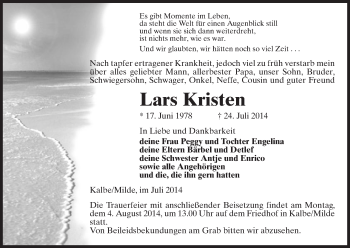 Traueranzeige von Lars Kristen von Uelzen