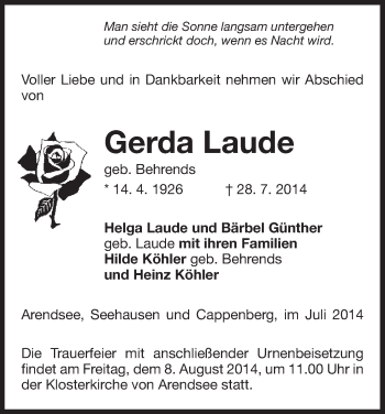 Traueranzeige von Gerda Laude von Uelzen