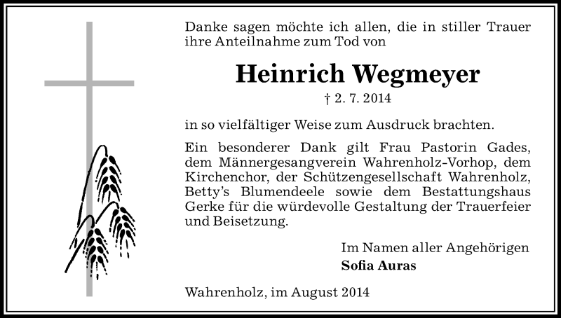  Traueranzeige für Heinrich Wegmeyer vom 02.08.2014 aus Uelzen