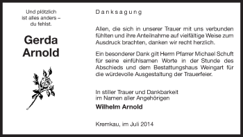 Traueranzeige von Gerda Arnold von Uelzen