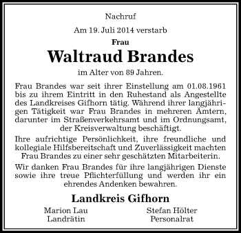 Traueranzeige von Waltraud Brandes von Uelzen