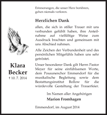 Traueranzeige von Klara Becker von Uelzen