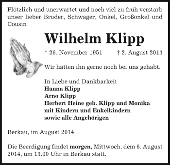 Traueranzeige von Wilhelm Klipp von Uelzen