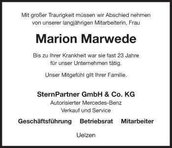 Traueranzeige von Marion Marwede von Uelzen