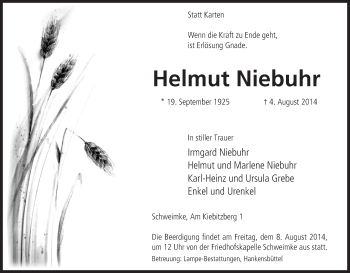 Traueranzeige von Helmut Niebuhr von Uelzen