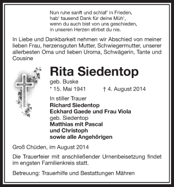 Traueranzeige von Rita Siedentop von Uelzen