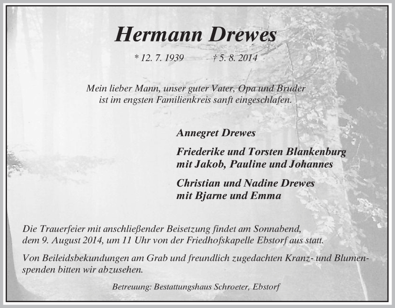  Traueranzeige für Hermann Drewes vom 06.08.2014 aus Uelzen
