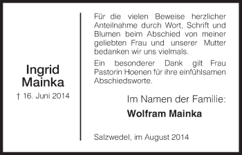 Traueranzeige von Ingrid Mainka von Uelzen