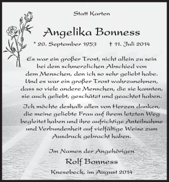 Traueranzeige von Angelika Bonness von Uelzen