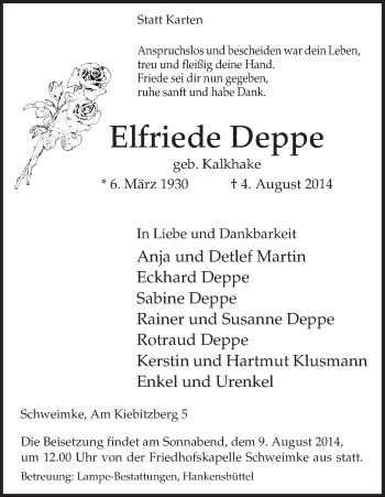 Traueranzeige von Elfriede Deppe von Uelzen