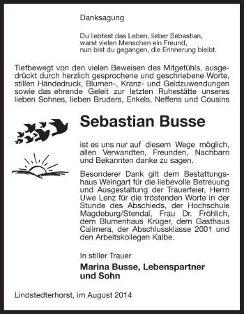 Traueranzeige von Sebastian Busse von Uelzen