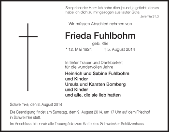 Traueranzeige von Frieda Fuhlbohm von Uelzen