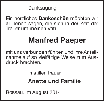 Traueranzeige von Manfred Paeper von Uelzen